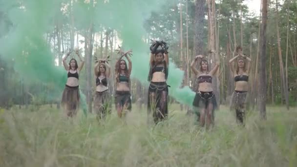 Group of women dancers with make-up and in mystical fabulous costumes dancing groovy dance in color smoke. Forest fairies, dryads have fun among the trees. Performance of dancers outdoors. — Stock Video