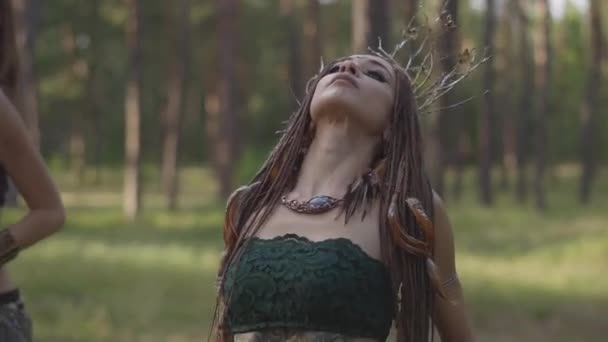 Group of women dancers with make-up and in mystical fabulous costumes dancing groovy dance in color smoke. Forest fairies, dryads have fun among the trees. Performance of dancers outdoors. Slow motion — Stock Video