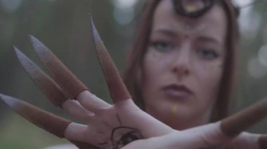 Baş dalları bir çelenk ile çekici bir dryad veya orman peri portresi ve ağaçların altında dans alnına üçüncü göz boyalı. Orman yaratığının eski ritüeli. Yavaş çekim.