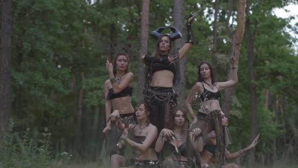 Группа танцовщиц с макияжем и в мистических сказочных костюмах танцует крутой танец в цветном дыму. Лесные феи, дриады веселятся среди деревьев. Выступление танцоров на открытом воздухе . — стоковое видео