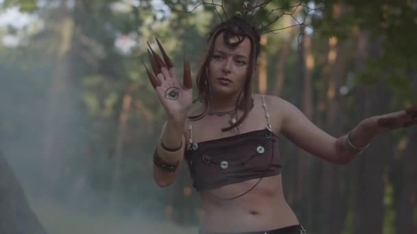森の住人や悪魔の演劇衣装を着た若い女性が森の中で踊り、煙の雲の中で儀式を行う. — ストック動画