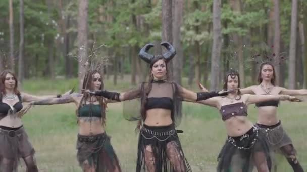 Groep vrouwelijke dansers met make-up en in mystieke fabelachtige kostuums dansen groovy dans in kleur rook. Forest feeën, dryaden hebben plezier onder de bomen. Prestaties van dansers buitenshuis. — Stockvideo