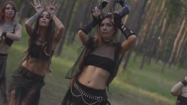 Group of women dancers with make-up and in mystical fabulous costumes dancing groovy dance in color smoke. Forest fairies, dryads have fun among the trees. Performance of dancers outdoors. Slow motion — Stock Video