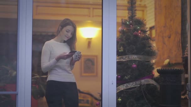 Vídeo Mujer Pie Puerta Cristal Árbol Navidad Utilizando Teléfono Móvil — Vídeo de stock