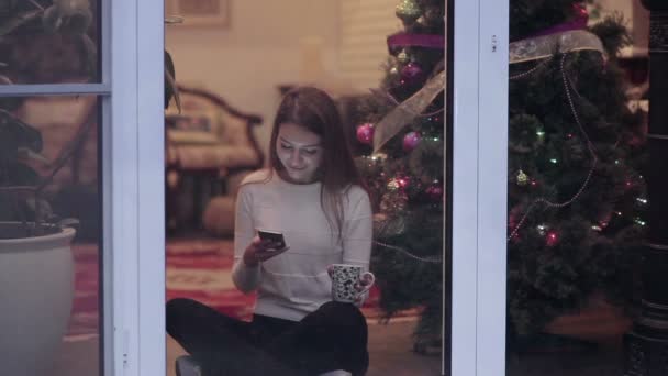 Vídeo Mulher Porta Vidro Árvore Natal Usando Telefone Celular Segurando — Vídeo de Stock