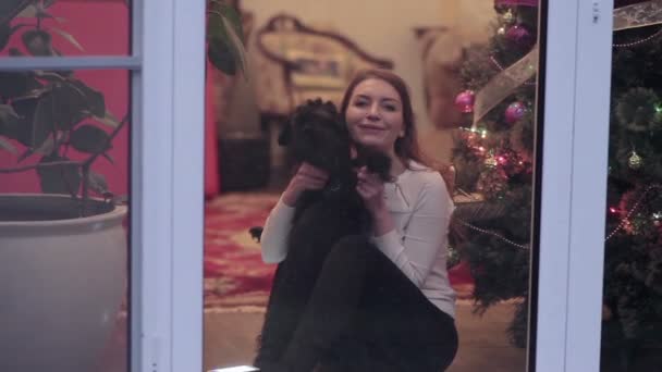 Vidéo Femme Assise Porte Verre Jouant Avec Chien — Video