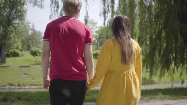 Linda pareja feliz en el amor caminando en el parque verde suavemente abrazándose la mano en primavera buen día. Romántico pasar tiempo al aire libre . — Vídeos de Stock