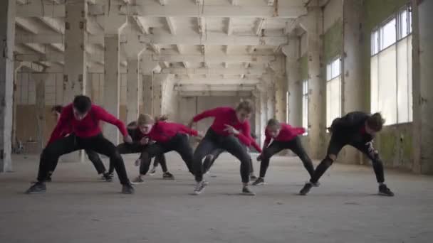 Dancing band of young girls and guys in pink costumes synchronously performing movements for the shooting or of the video — Stock Video