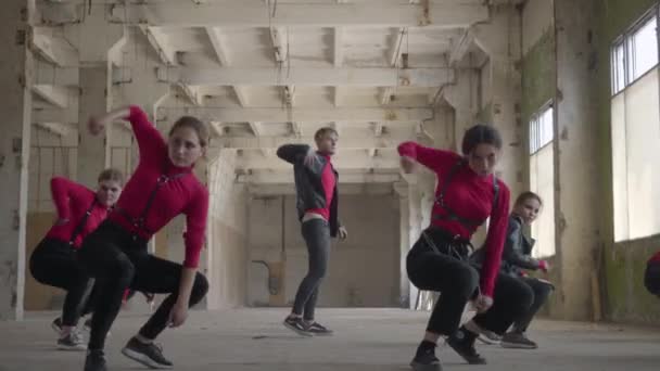 Chicas y niños bailarines seguros disfrutando de movimientos de hip hop realizando bailes de estilo libre juntos en un edificio abandonado. Caucásico banda hacer moderno freestyle danza en el interior . — Vídeo de stock