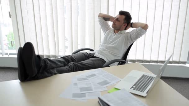 Young Man Sitting Chair Office Man Feet Table Man Hands — Stock Video