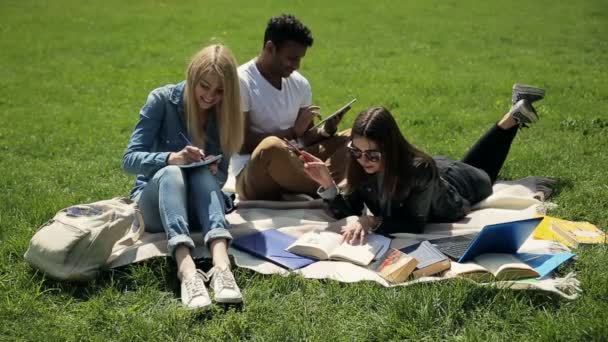 三个学生躺在绿草草坪上用书籍和数字平板电脑的毯子的视频 学习家庭任务概念 — 图库视频影像