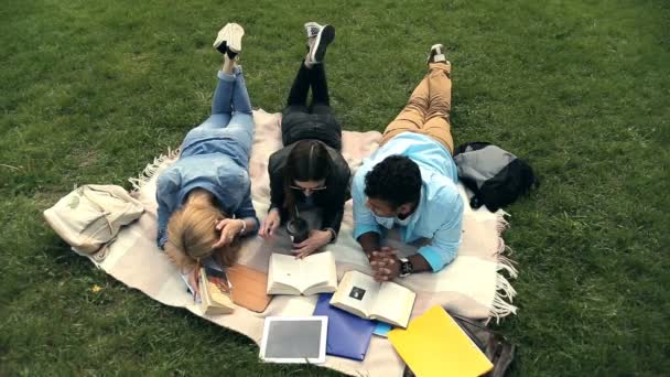 Video Tre Studenter Liggande Filt Green Grass Gräsmatta Med Böcker — Stockvideo