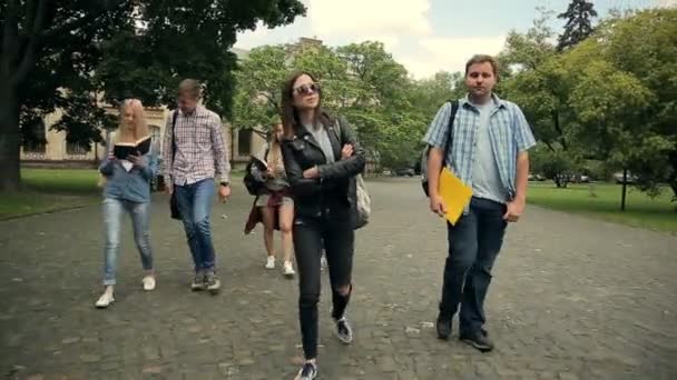 Βίντεο Γκρουπ Φίλων Κολέγιο Περπάτημα Και Chat Εξωτερικούς Χώρους — Αρχείο Βίντεο