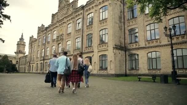 Video Grupo Estudiantes Universitarios Caminando Edificio Universitario Charlando Aire Libre — Vídeos de Stock