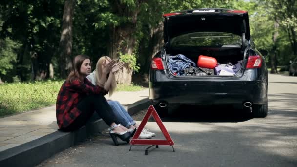 Two Upset Young Women Sitting Roadside Close Broken Car Discussing — Stock Video