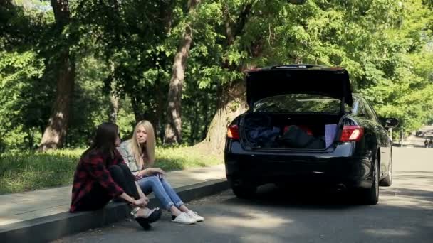 Mooie Jonge Vrouwtjes Zitten Een Berm Naast Hun Kapotte Auto — Stockvideo
