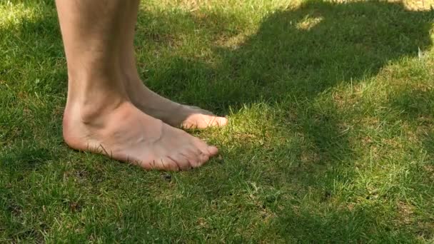 Hombre Pisa Hierba Con Los Pies Desnudos Chica Paso Descalzo — Vídeos de Stock