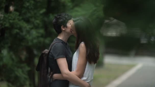 女同性恋夫妇在公园拥抱和亲吻 — 图库视频影像