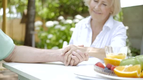 老年夫妇手牵手 而坐在花园里的桌子 — 图库视频影像