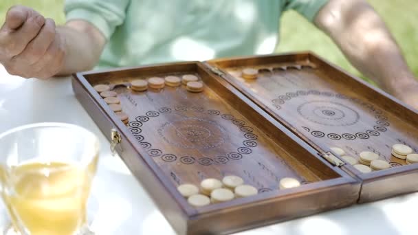 Vista Parcial Pareja Ancianos Jugando Backgammon Jardín Mesa Video — Vídeo de stock