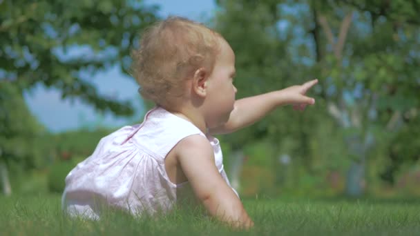 赤ん坊は庭の緑の草の上を這う 庭の草の上に座っている少女 ドレスを着た女の子 少女は指を横に向けて — ストック動画