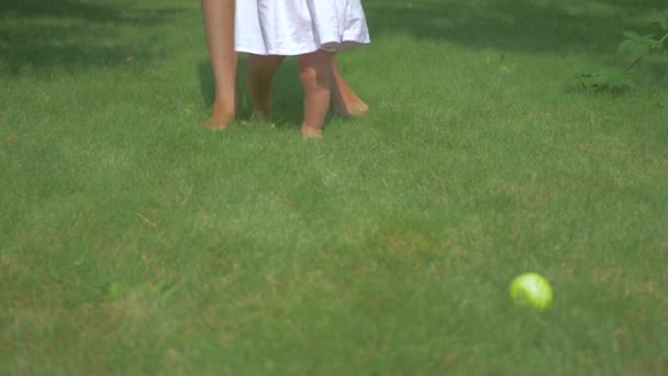 Woman Daughter Walking Barefoot Baby Her Mother Handle Walk Garden — Stock Video