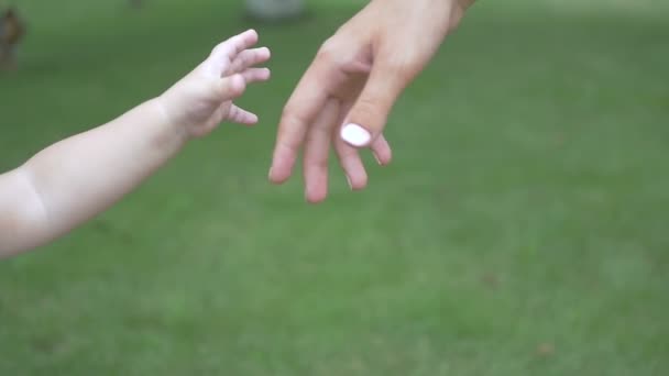 婴儿牵着她母亲的手 一个女人和她的女儿在花园里玩 穿着粉红衣服和尿布的婴儿 慢动作 — 图库视频影像