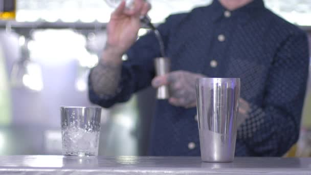 Närbild Kameran Fokuserar Stålskakare Som Står Stång Förgrunden Bartendern Suddig — Stockvideo