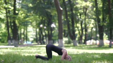 Parktaki yeşil çimlerde yoga yapan sarışın beyaz kadının videosu. 