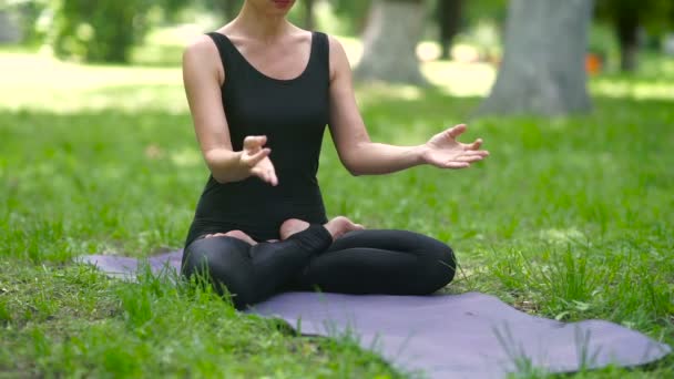 公園の緑の芝生でヨガの瞑想をして紫色のマットに座っている女性のビデオ — ストック動画