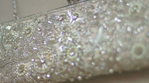 Close Foreground Bridal Bag Blurred Camera Focuses Beads Sequins Bridal — Stock Video