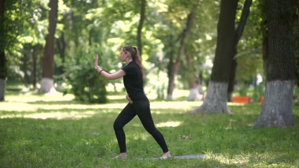 Kvinna Gör Yoga Grön Park — Stockvideo
