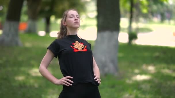 Yeşil Park Yoga Yapan Bir Kadın — Stok video