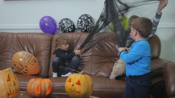 Jungen Und Mädchen Spielen Mit Schwarzem Spinnennetz Auf Einer Halloween — Stockvideo