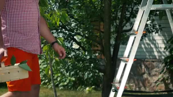 Jongeman Klimt Trap Met Rieten Mand Met Zijn Hand Naar — Stockvideo