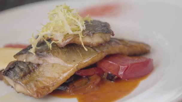 Nahaufnahme von appetitlich frischem Fisch, der im modernen Café oder Restaurant auf dem großen weißen Teller liegt. Essen im Café servieren — Stockvideo