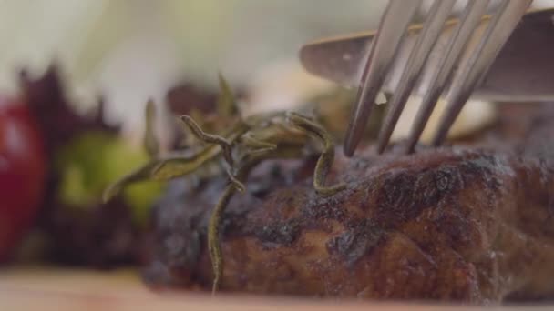 Primer plano de corte de carne con el cuchillo y tenedor en el moderno café o restaurante. Sirviendo comida en el café. Visitante irreconocible disfrutando su comida. Sabroso concepto de comida. Movimiento lento — Vídeos de Stock