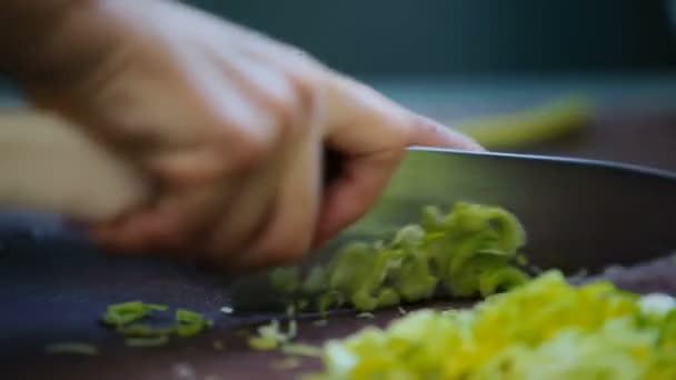 Cuisinier Tranchant Oignon Vert Sur Planche Couteau — Video