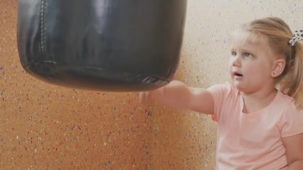 Очаровательная Маленькая Девочка Хвостиком Делает Физические Упражнения Боксерской Грушей Счастливый — стоковое видео