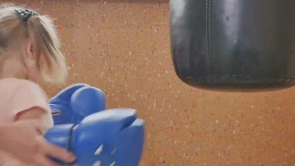 Father Dressed His Little Daughter Big Boxing Gloves Man Takes — Stock Video