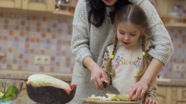 Genç anne küçük kızına mutfakta yemek yapmayı öğretiyor. Aile taze sebzelerle salata hazırlıyor ve onları kesme tahtasında kesiyor. Genç bir kadın boş zamanlarını küçük kızıyla evde geçirir. Kodlayıcıyı Düzenle.