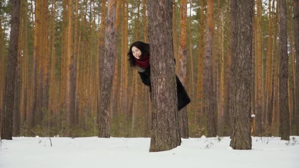 慢动作 在冬天的森林里 一位俊俏的女人从树上向外张望 漂亮的女士躲在树后面 从树的另一边向外张望 迷人的女人喜欢新鲜空气中的活动 慢动作 — 图库视频影像