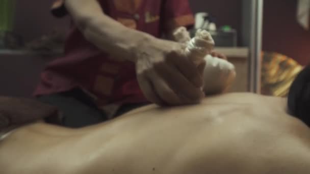 Thajská Masáž Bylinnými Sáčky Relaxační Procedura Thajština Použitím Bylinných Sáčků — Stock video