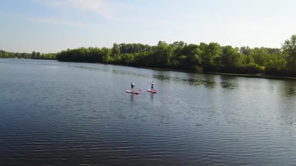 三个年轻人在河边划船 从上往下看 摄影机朝皮划艇驶去 — 图库视频影像