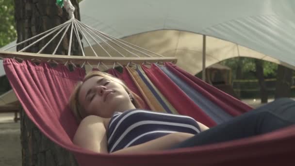 Girl Resting Hammock Park Beautiful Lady Sleeping Outdoors Woman Took — Stock Video