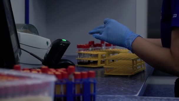 Las Manos Femeninas Guantes Goma Azul Escanean Código Barras Colocan — Vídeos de Stock