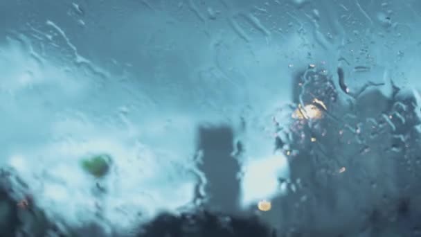 Close Shooting City Glass Rainy Weather Rain Drops Drip Window — Stockvideo