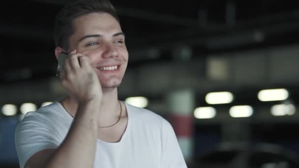 Happy Self Confident Man White Shirt Talks Cell Phone Standing — Stockvideo