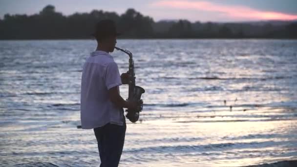ハンサムな若い男が川岸でサックスを演奏している 白いシャツを着た男とビーチの帽子の男 背景に美しい川 — ストック動画