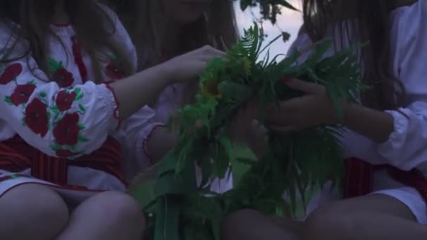 身着民族服装的少女编织花环 美丽的姑娘们正坐在沙滩上靠近一株高草 — 图库视频影像